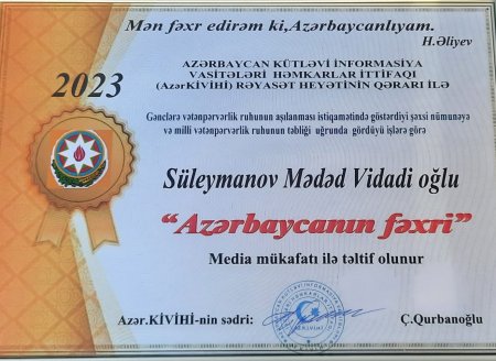 Bayraq ordenli Mədəd Süleymanov  "Heydər Əliyev" medalı ilə təltif edilib. 